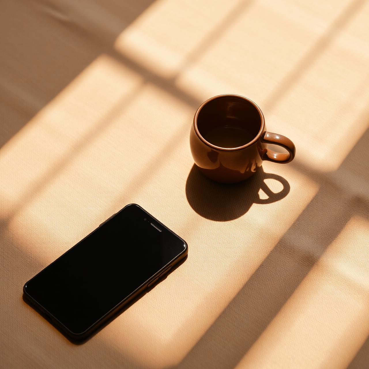Celular ao lado de xícara em luz dourada