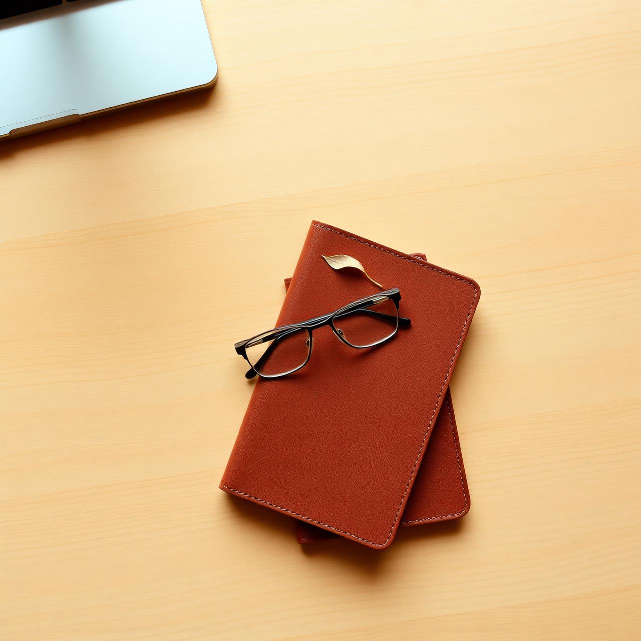 Mesa de escritório com caderno de couro e óculos